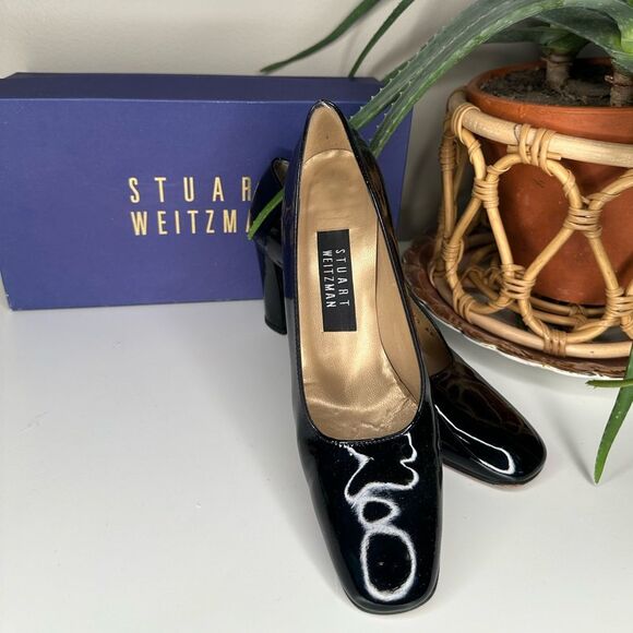 Stuart Weitzman Shoes - VTG Stuart Weitzman Lex Black Patent Leather Pumps 7.5 AA Block Heel Square Toe